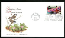 GREETINGS FROM  MASSACHUSETTS 2002 FLEETWOOD STATE BIRD   CACHET FDC