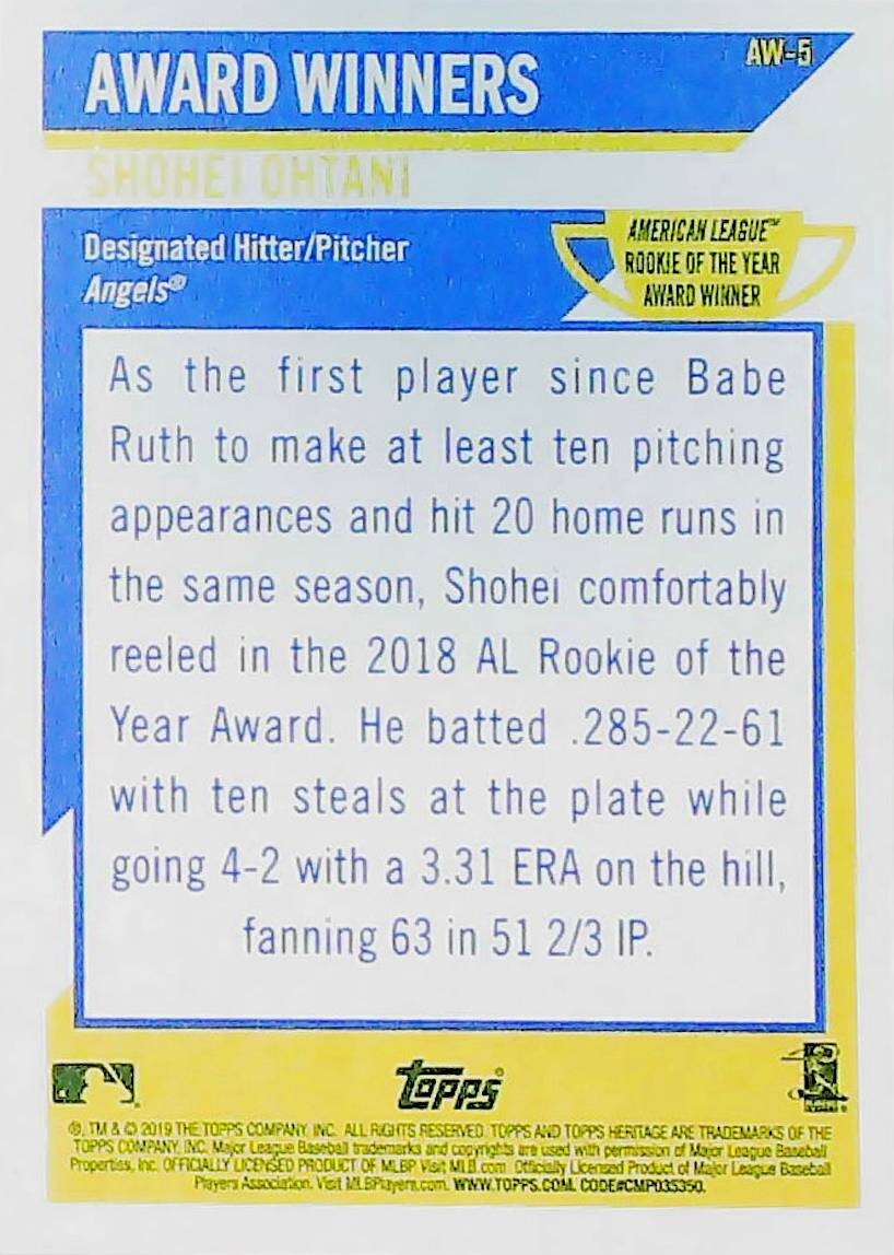 2019 Topps Heritage Shohei Ohtani Rookie Of The Year Los 2019 Topps Heritage Shohei Ohtani Rookie Of The Year Los