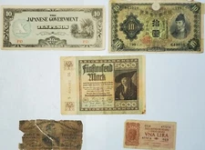 Mixed Lot Of 5 World Paper Money Japan, Germany, United States, Italy 