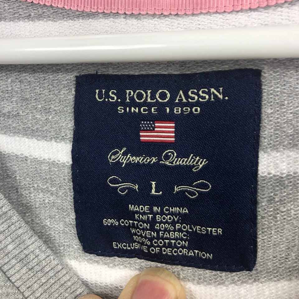 Polo para mujer U.S. Assn. Suéter Cuello en V Gris Blanco Rayas Manga 3/4 Pestaña Enrollable L Foto 2 de 4