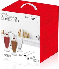 Le Regalo 9 Pc  Ice Cream Serving Set of 4 Glasses 4 Spoons & Scoop-  New