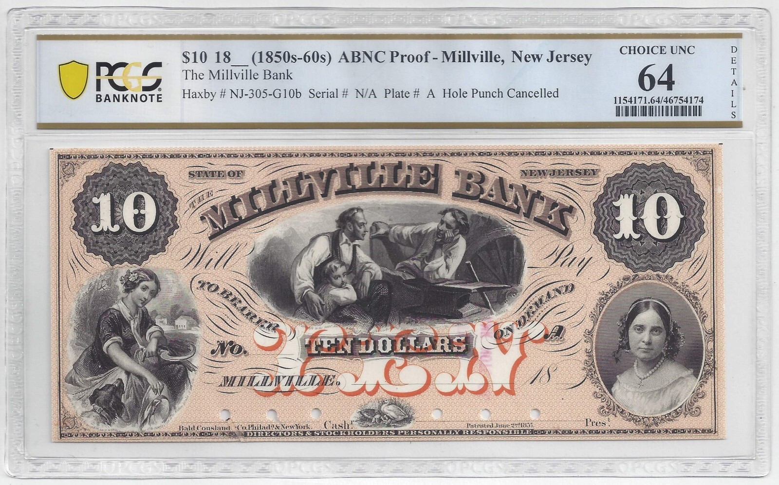 18XX Millville Bank, Millville NJ 10 Proof Note PCGS 64 Details (59006