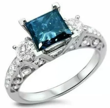 Lab-Created Blue Princess ThreeStone Diamond Engagemen 14k White Gold FN Ring