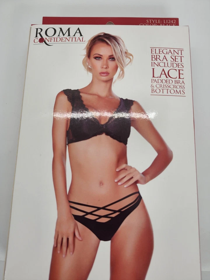 Conjunto de sujetador de encaje Roma Confidential - Elegante lencería negra con parte inferior entrecruzada Foto 3 de 4
