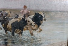 Öl Gemälde " Junge mit zwei Ochsen Furt " Heinrich von Zügel Motiv von Zügel