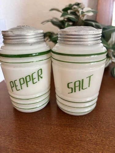 Hazel-Atlas Milk Glass Beehive Salt & Pepper Shakers 4.25" Green Stripe Vintage