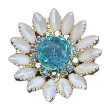Vintage Brooch Starburst Flower Gold Tone Faux Pearl Aqua Blue Stones Pin