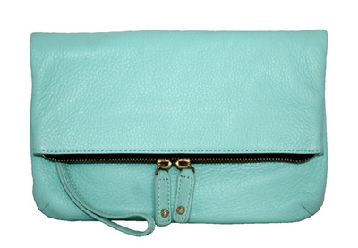 TALBOTS Fold Over Clutch Wristlet Purse Light Blue Pebbled Leather Gold Trim