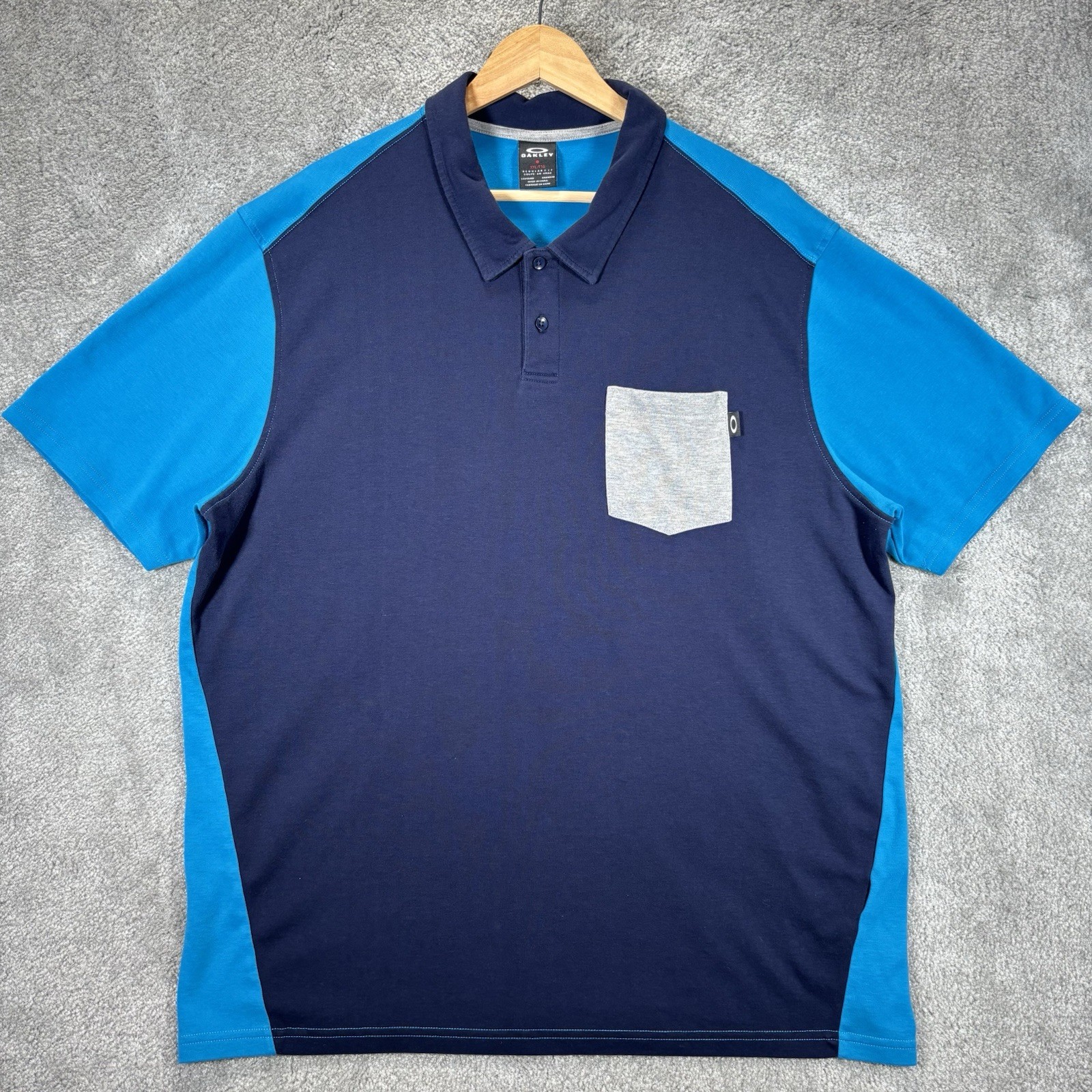 Oakley Polo Shirt Mens 2XL Blue Colorblock Cotton Short Sleeve Pocket Golf