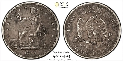 1877 S TRADE DOLLAR PCGS CHOICE EXTREMELY FINE 45 MEDIUM DEEP COAL DUST