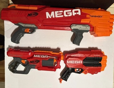 Nerf Mega Lot Of 3 Guns, TwinShock , Tri-Break, Cycloneshock Have Ammo