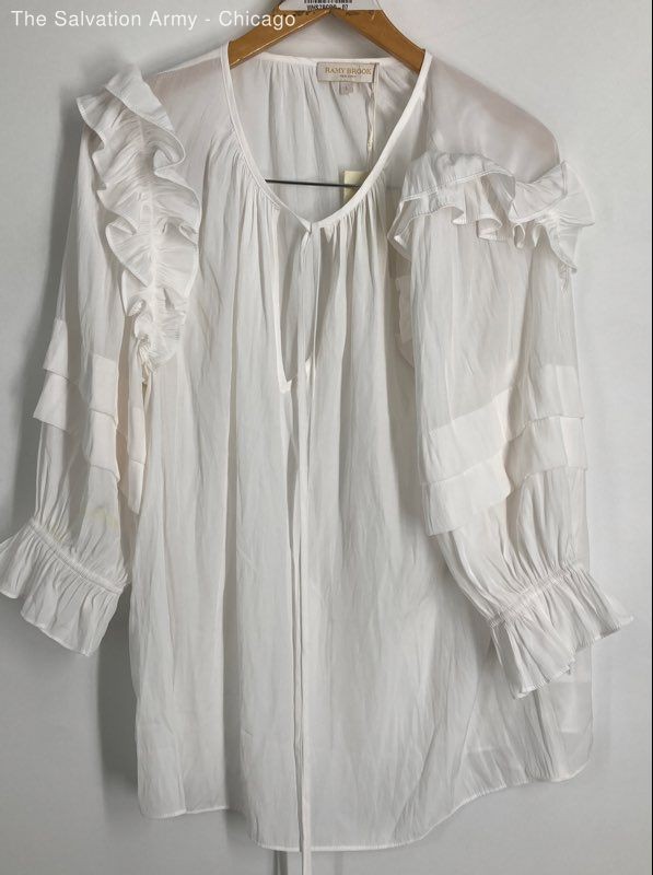 Ramy Brook Womens Samira White 3/4 Sleeve Ruffle-Trim Blouse Top Size Large