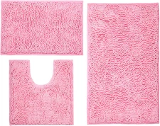 Pink 3 Pieces Bathroom Rugs, Ultra Soft Non Slip Absorbent Chenille Toilet Bath 