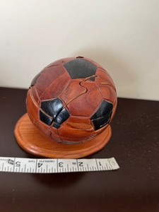 Vintage Hand Carved Wooden Soccer Ball Puzzle Desk Souvenir Art 4” w Stand