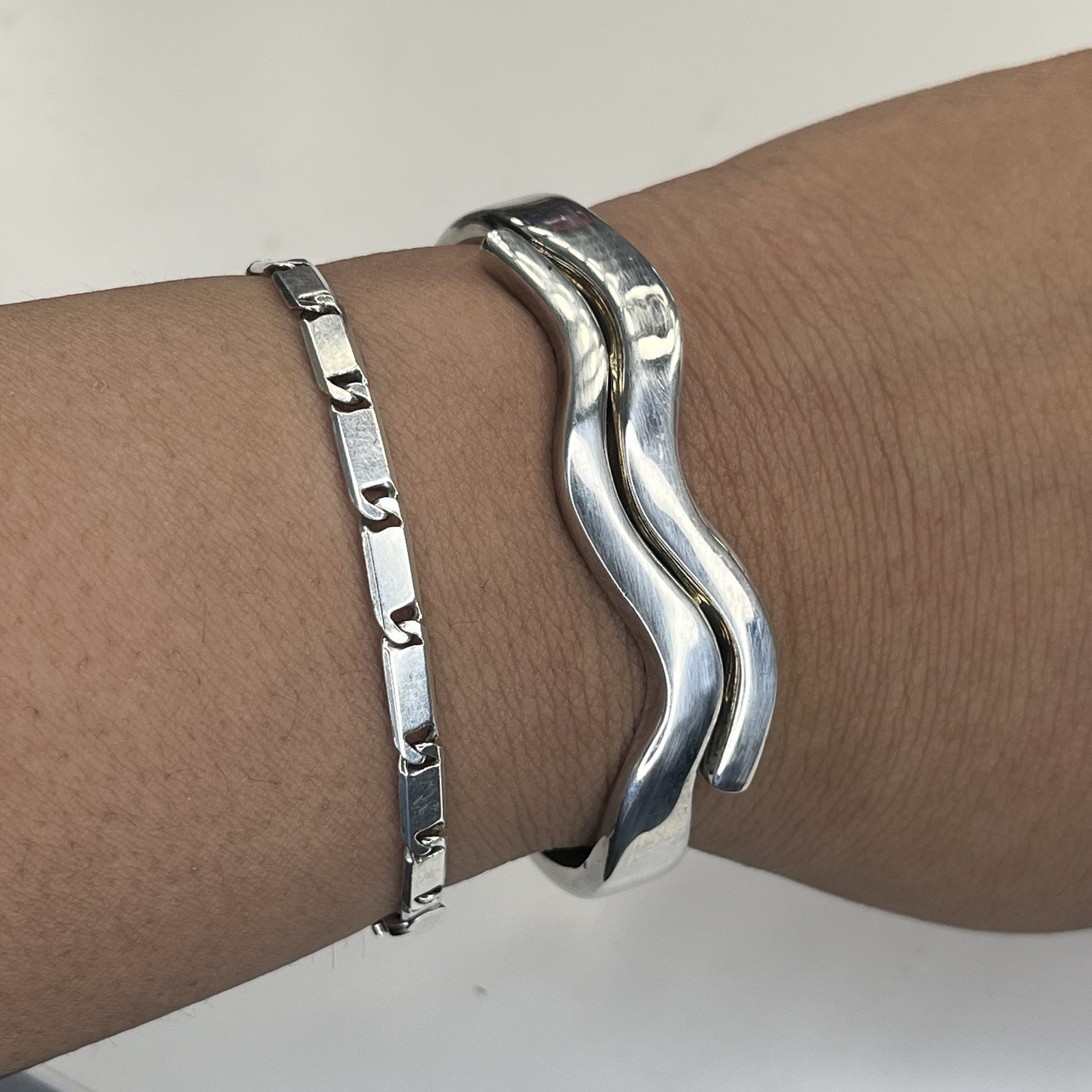 Wave Stack, Spring Hinge, Silver Tone, Bangle Bra… - image 3