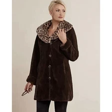 DENNIS by Dennis Brasso Faux Fur Coat w/Removable Leopard print Hood/collar-Lg