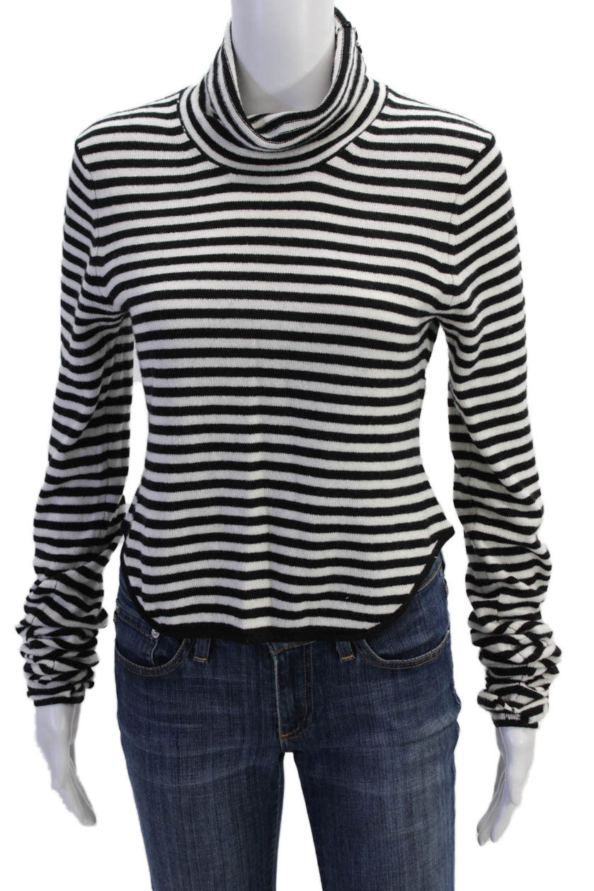 Elsa Womens Long Sleeve Mock Neck Striped Knit Sweater White Black Size LargeFree Shipping in US $100+ Orders | $6.95 Orders Below