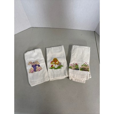 Vintage Style Easter Spring Embroidered Hand Towels Set of 3 White Bunny Chick