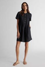 Quince European Linen Flax Swing Dress Short Sleeve Pintuck Navy Blue Size XL