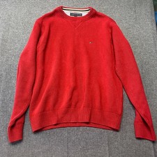 Tommy Hilfiger Men's Sweater Size M Red Crew Neck Pullover Logo Knit Jumper