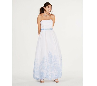 Teeze Me Junior Womens 1/2 White Blue Floral Hem Strapless Jewel Waist Gown NWT