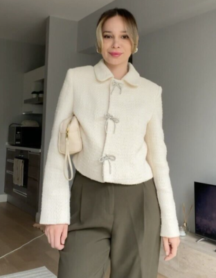 Zara Short Textured Tweed Jacket With Bow Button Ecru White