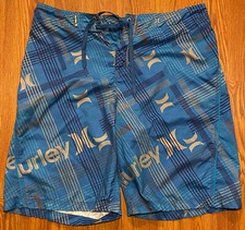Hurley Phantom Mens 34 Blue Plaid Stripe Logo Spell Out Board Shorts Swim Trunks