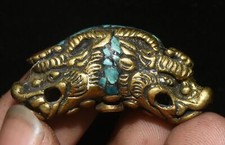 3.5CM Old Tibet Bronze Inlay Turquoise Dragon Loong Beast Head Amulet Pendant