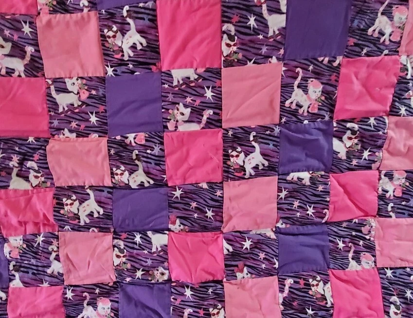 Handmade Large Kitty Cat Block Quilt Throw Bed Cover - 110" x 78" - Purple - Image 2 of 4