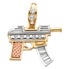 14K Tri Color Gold Cubic Zirconia CZ Rifle Gun Charm Pendant For Necklace Chain