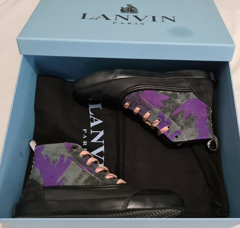 Lanvin Error Printed Canvas Mid Top Lace-up Sneaker Grey