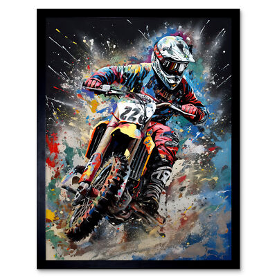 Motocross Rennen Action Schuss Extremsport Gemälde gerahmt Kunst Bild Druck 12x16