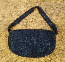 Vintage Blue Black Iridescent Glass Beaded Purse mAAB
