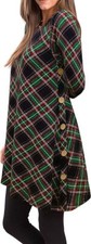 Knit Light Sweater Dress Tunic Button Side Asymmetric Long Sleeve in Gr/Red/Blk