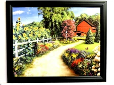 OLD RED BARN PICTURE HORSES SUNFLOWERS BUTTERFLIES COUNTRY BARN  FRAMED  16X20