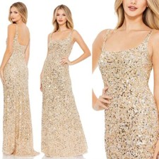 Mac Duggal Gold Sequined Low Back Sleeveless Slip Gown 10705 - Womens Size 6