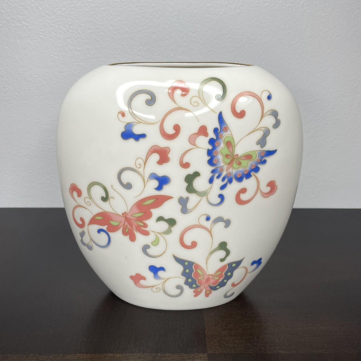 アジアの〜papillon〜 Otagiri Papillon Butterfly Ceramic Vase Flat Style with Gold Rim
