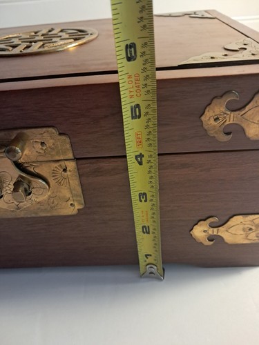 Vintage Chinese Wood Jewelry Box Brass Metal Accents Red Interior 12x8x5.5" H - Picture 17 of 19