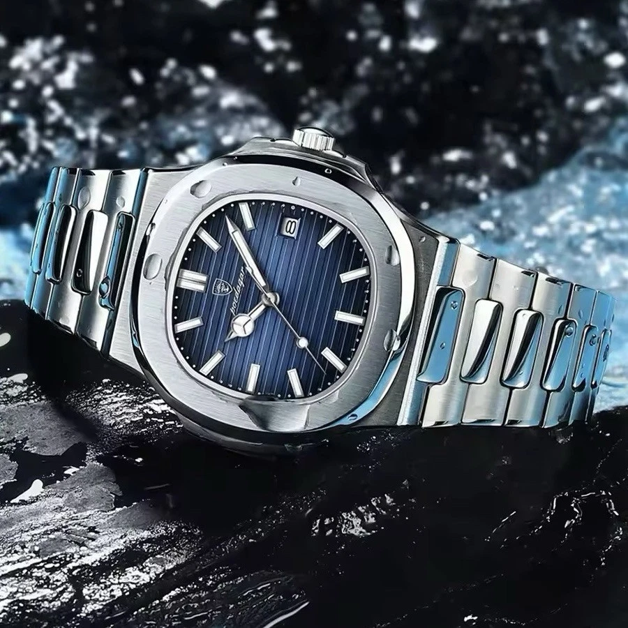 🔵 - Orologio Poedagar Quarzo Uomo Elegante Data Quadrante Quadrato Acciaio Blu - Immagine 2 di 4