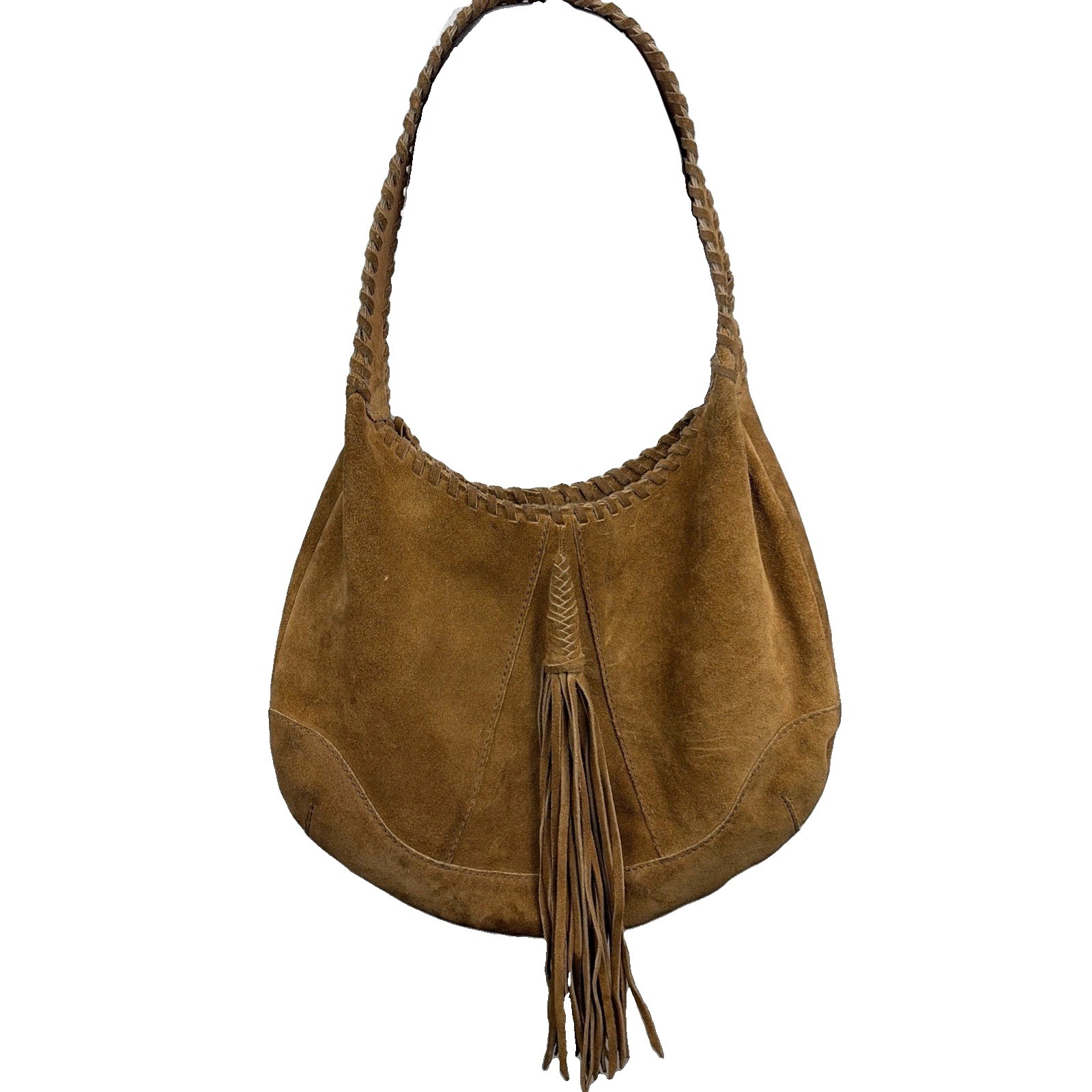 Lucky Brand Brown Suede Slouchy Shoulder Bag Tassel Fringe Bohemian Distressed