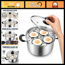 Stainless Steel Egg Poacher Pan with Tempered Glass Lid, 4 Cup Cooker for All St