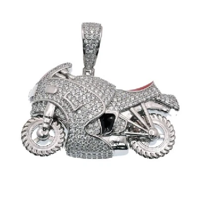Pendentif Motocycle en Émail Rouge Argent Sterling avec Pierres CZ Rondes - Photo 1/3