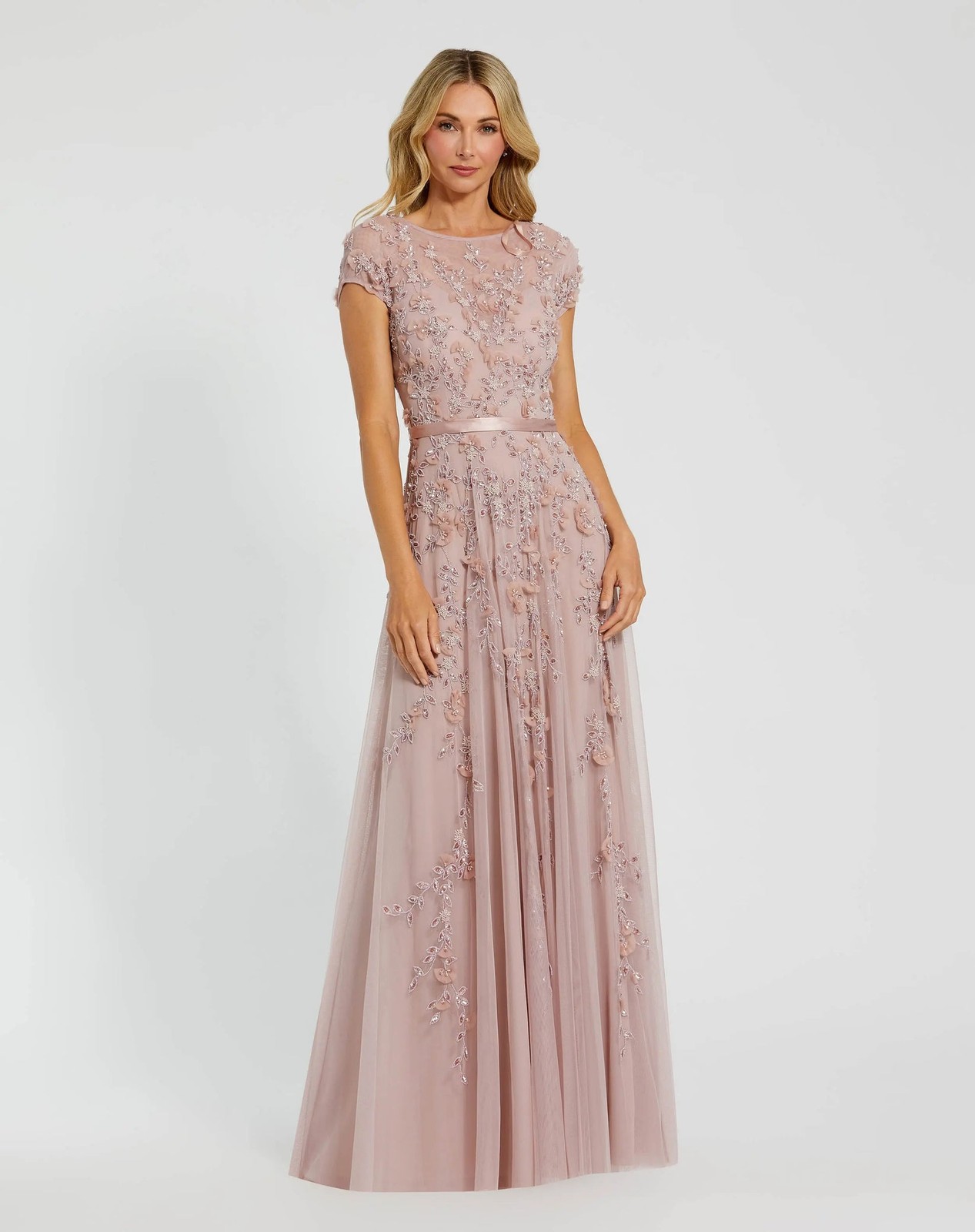 Mac Duggal 14521 Pink Mocha Floral Embellished Cap Sleeve Gown Sz 12 NEW