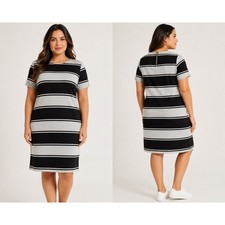 Merona Womens XXL Striped T-Shirt Dress Black Heather Gray Short Sleeve Zipper