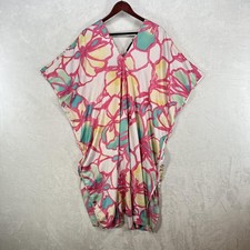Natori Gown Womens M Multicolor Floral Satin Kaftan V Neck Tropical Silky