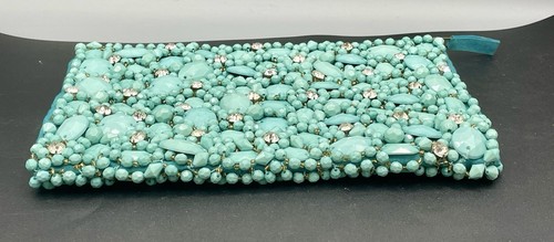 Vintage Beaded Clutch Purse Plastic Turquoise Color & Clear Sewn On Stones Read - Picture 17 of 20
