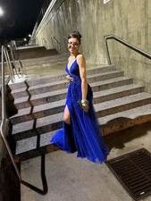 Blue Beaded Embroidered Tulle Formal Prom Dress with Lace-Up Back, Slit, V-Neck