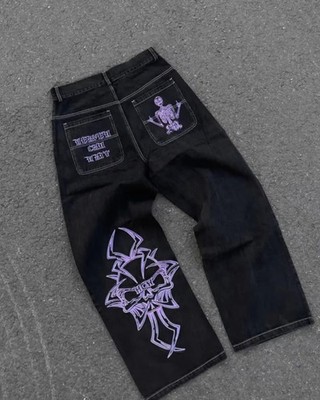 Fashion trend skull pattern embroidered loose jeans men's street 