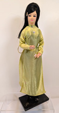 VTG 1960s Vietnamese Woman Doll In Traditional Green Dress War Era Souvenir