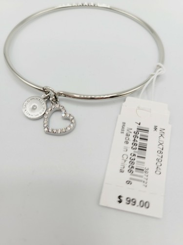 MICHAEL KORS 2 Charms Logo & Heart Hook & Eye Crystals Bangles MK Bracelet Gift - Picture 9 of 11